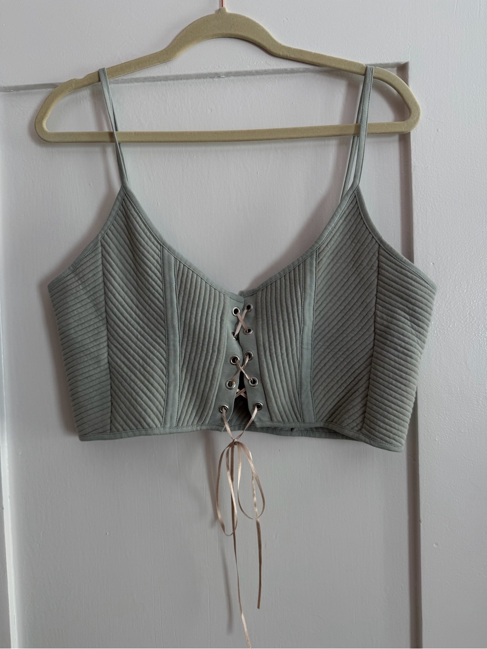 Topshop Sage Green Ribbed Lace-Up Cami Crop